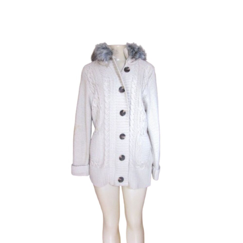 Y2K Michelle Nicole Beige Chunky Knit Full Zip Button Faux Fur Hooded Cardigan M